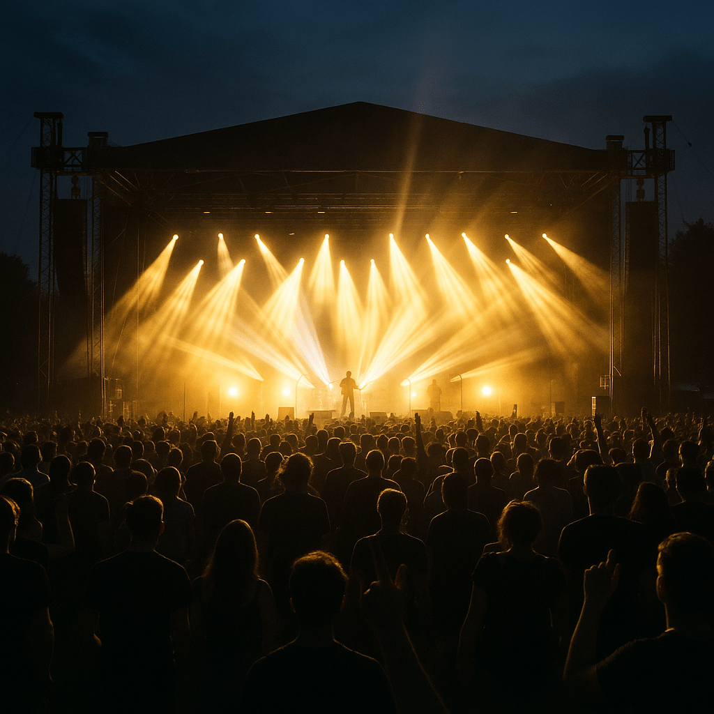 landscape photo of a concert with lights coming form stage and people in front-1-min